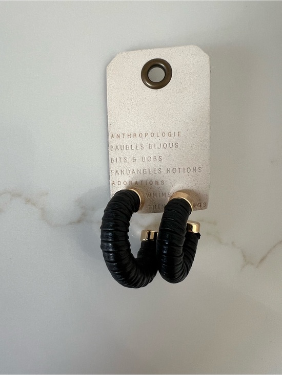 Anthropologie Jewelry - Anthropologie Faux Black Leather Wrapped Hoop Earrings with Gold Caps NWT